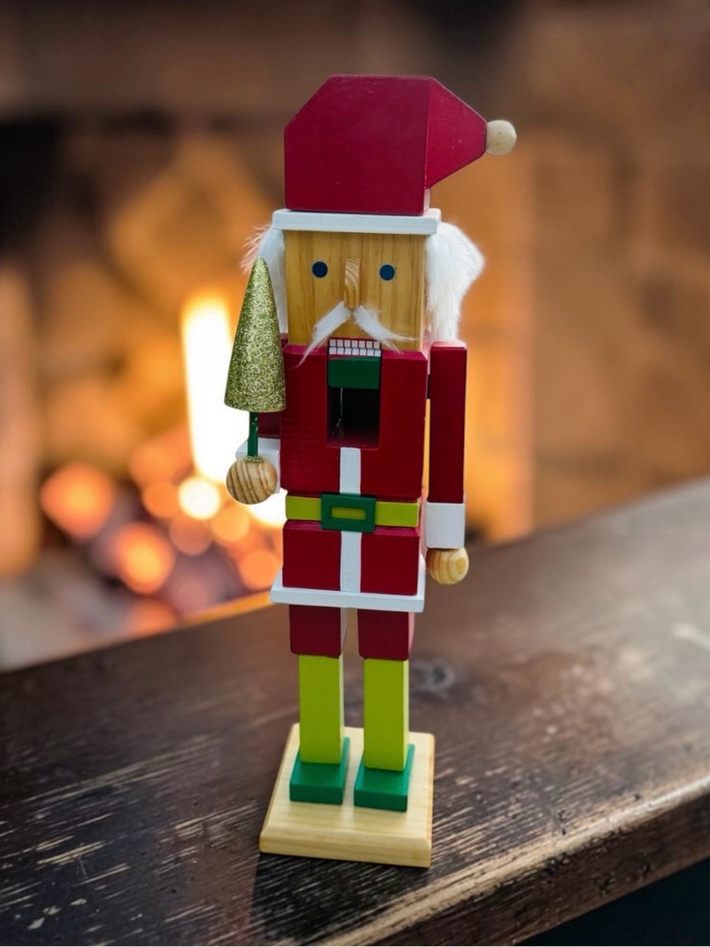16” Wood Nutcracker Santa - Lime Green w/ Glitter Tree -Christmas Decor